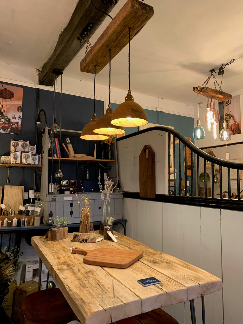Oak Beam Light with Copper Shades