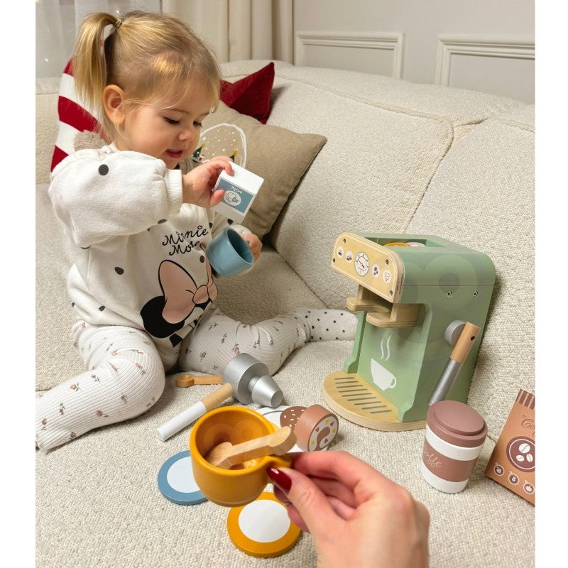 elegant woopie green wooden coffee maker set arranged artfully on a rustic wooden table