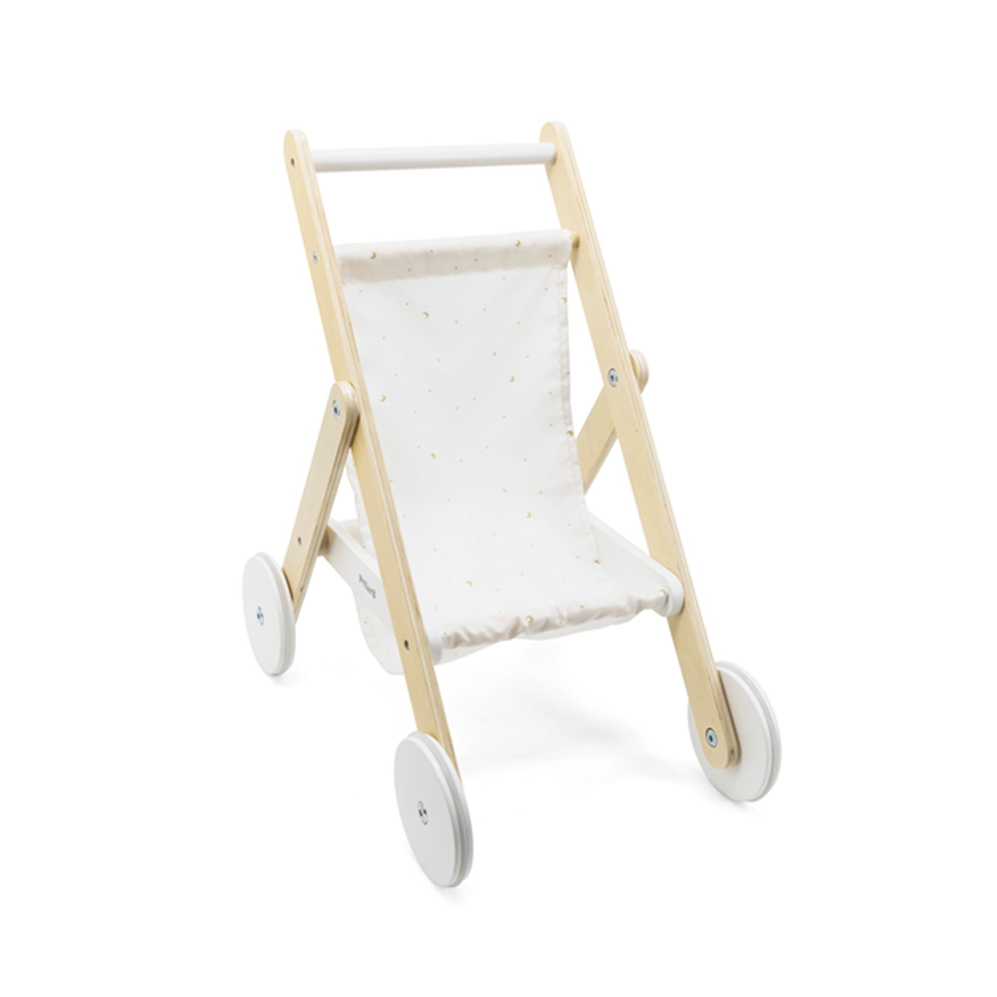 bold wooden doll stroller with moon-star fabric and rubber wheels for smooth toddler play