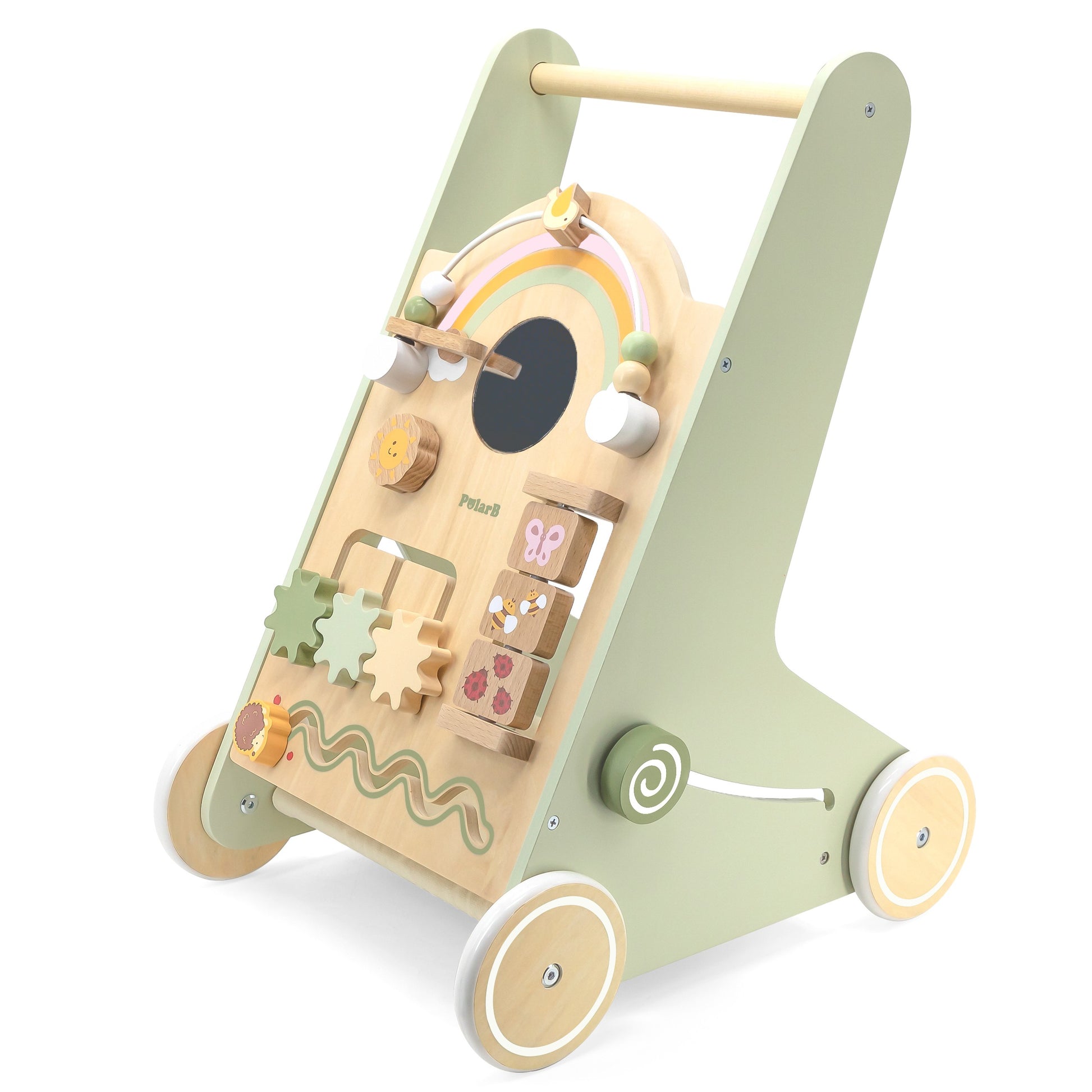 soft green wooden walker with rainbow beads and a cozy fabric basket, perfect for toddler’s first steps