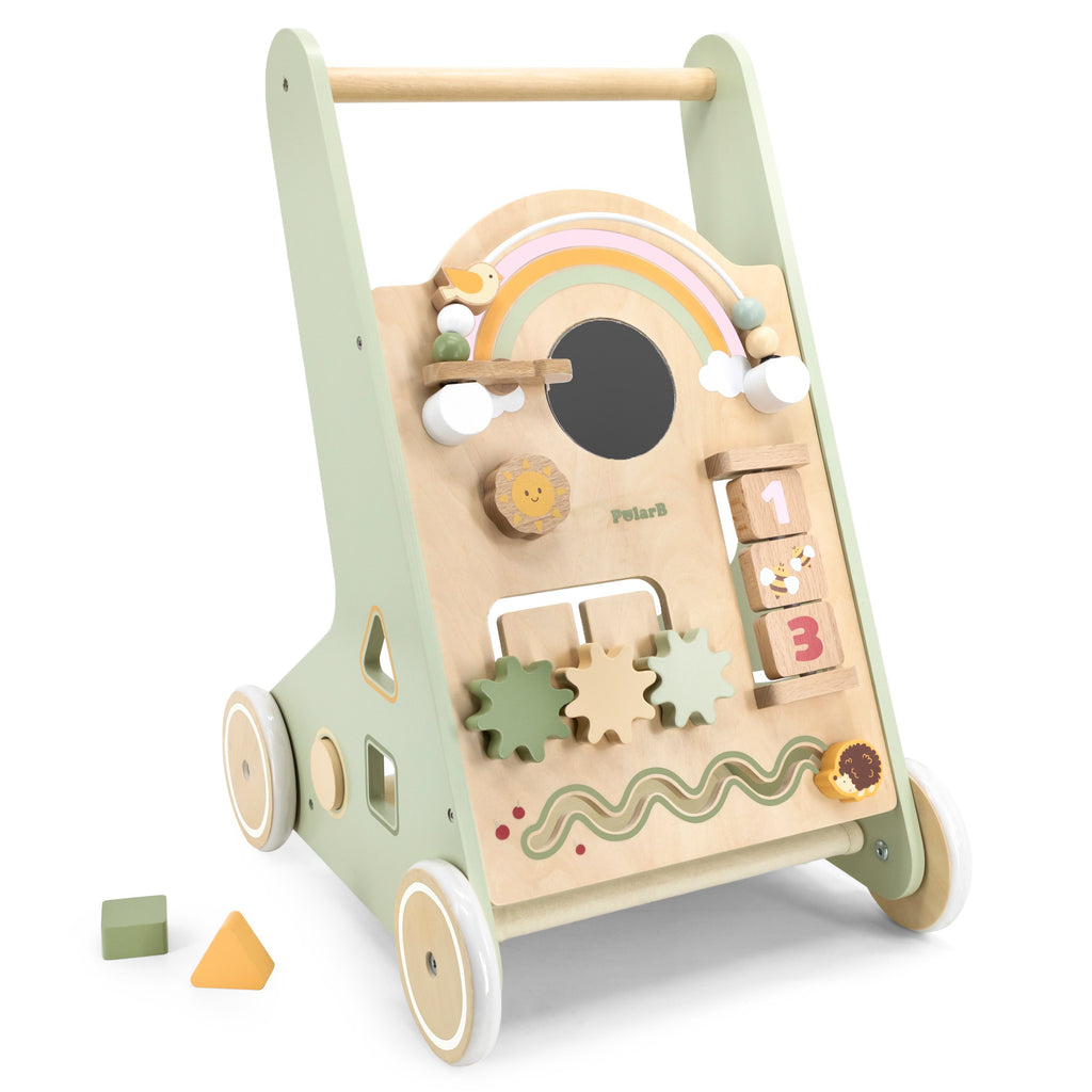 elegant green wooden walker with pastel details, shape sorter, and fabric basket for toddler toys
