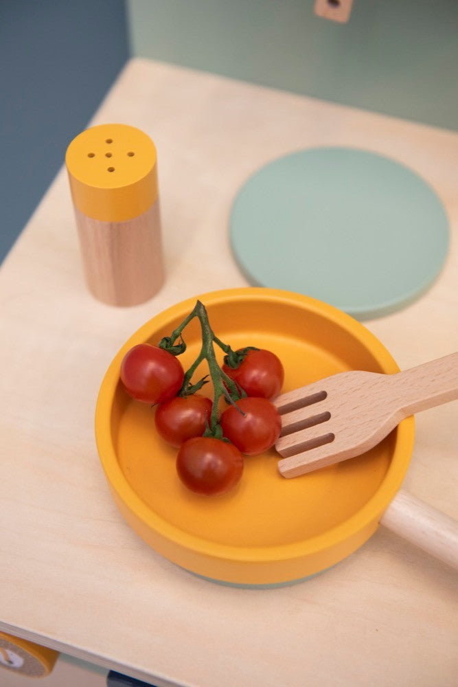 Let's start cooking! With this fun set featuring one of our animal friends, your child will have hours of fun preparing the craziest soups and dinners. The set comprises one pot, one pan, a salt and pepper set, spoon and fork. Simply add the secret ingredient of imagination and you're good to go! The cooking set is made of 100% FSC® certified wood. All paints on this product are water-based, safe for children and non-toxic. by Trixie Baby at www.brixbailey.com