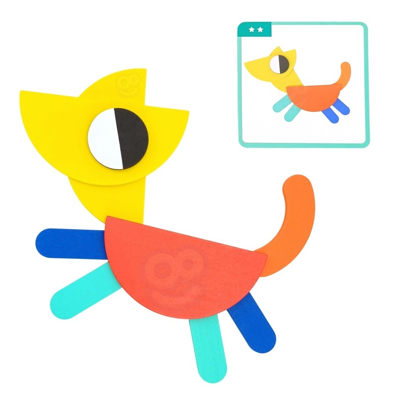 close-up of a child's hands placing a red wooden triangle block on a colorful bird puzzle design