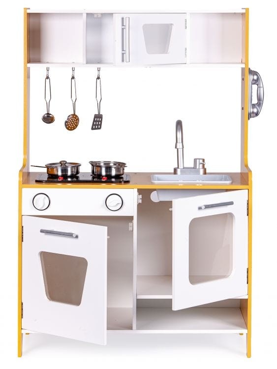 a softly lit wooden toy kitchen with glowing stove lights and miniature metal utensils on a shelf