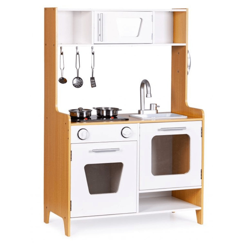 close-up view of the wooden toy kitchen's oven and storage cabinet doors