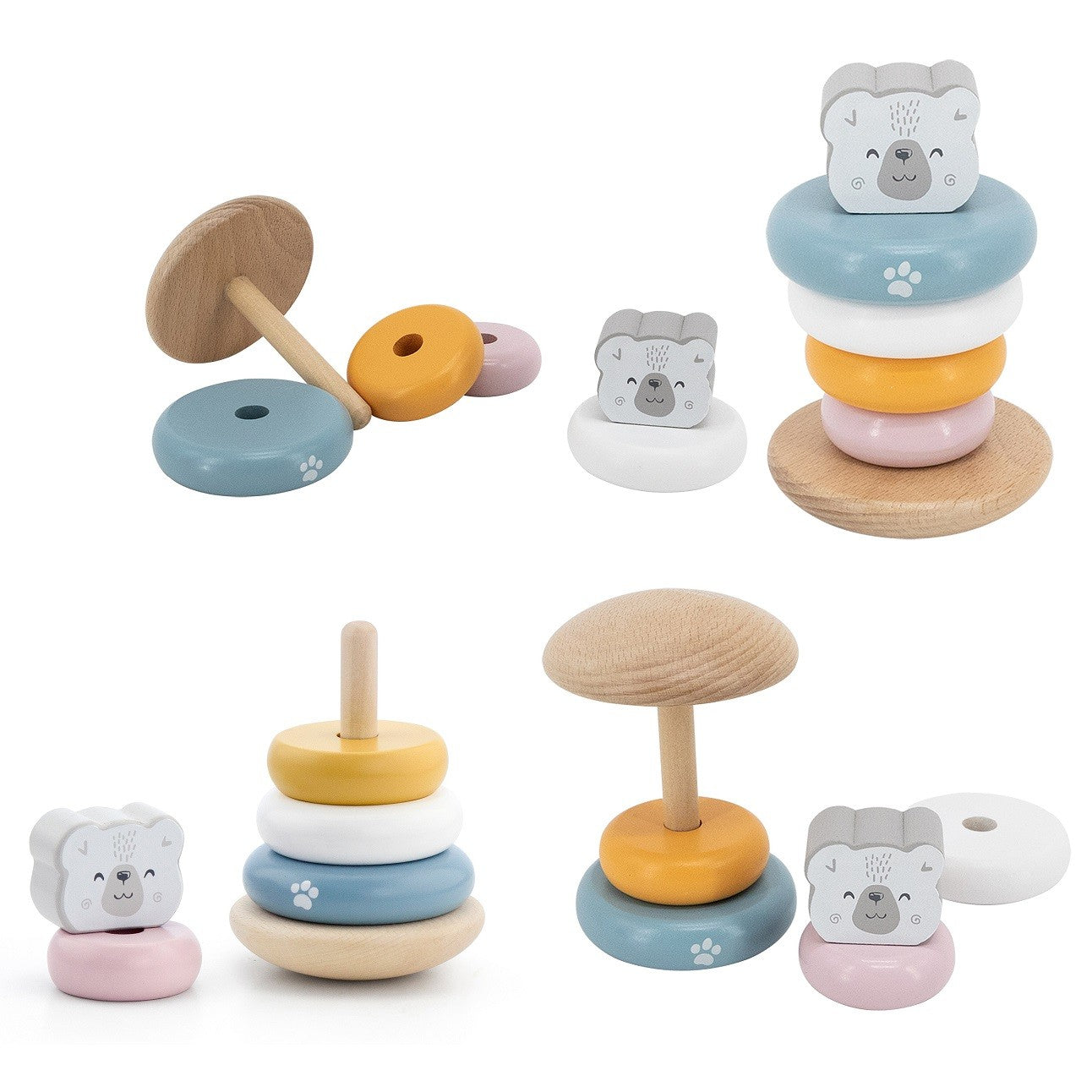 adorable polar bear wooden pyramid and hammer set in soft pastel colors for toddler motor skill play