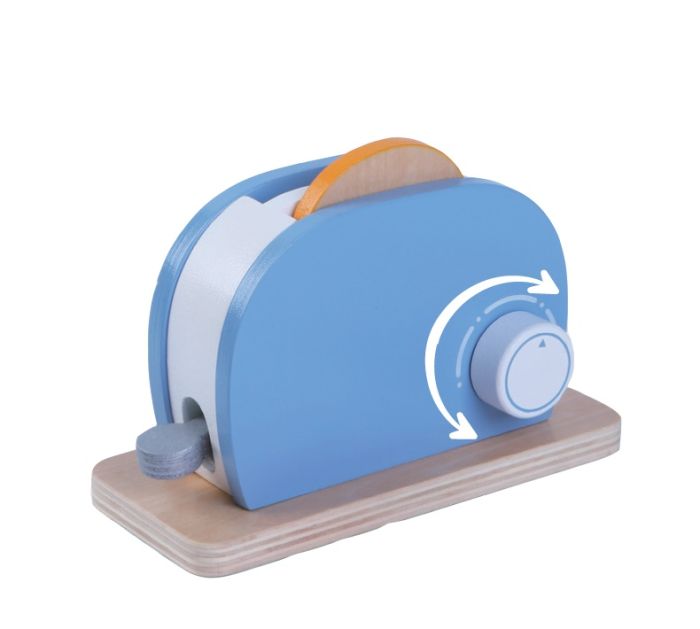 confident shot of a wooden kids toaster set with toast and butter on a bright playroom table