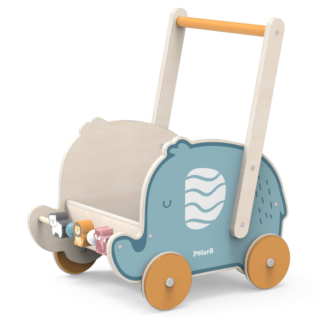 elegant wooden stroller walker 2in1 with pastel elephant design, smooth beech wood and rubber wheels for toddlers