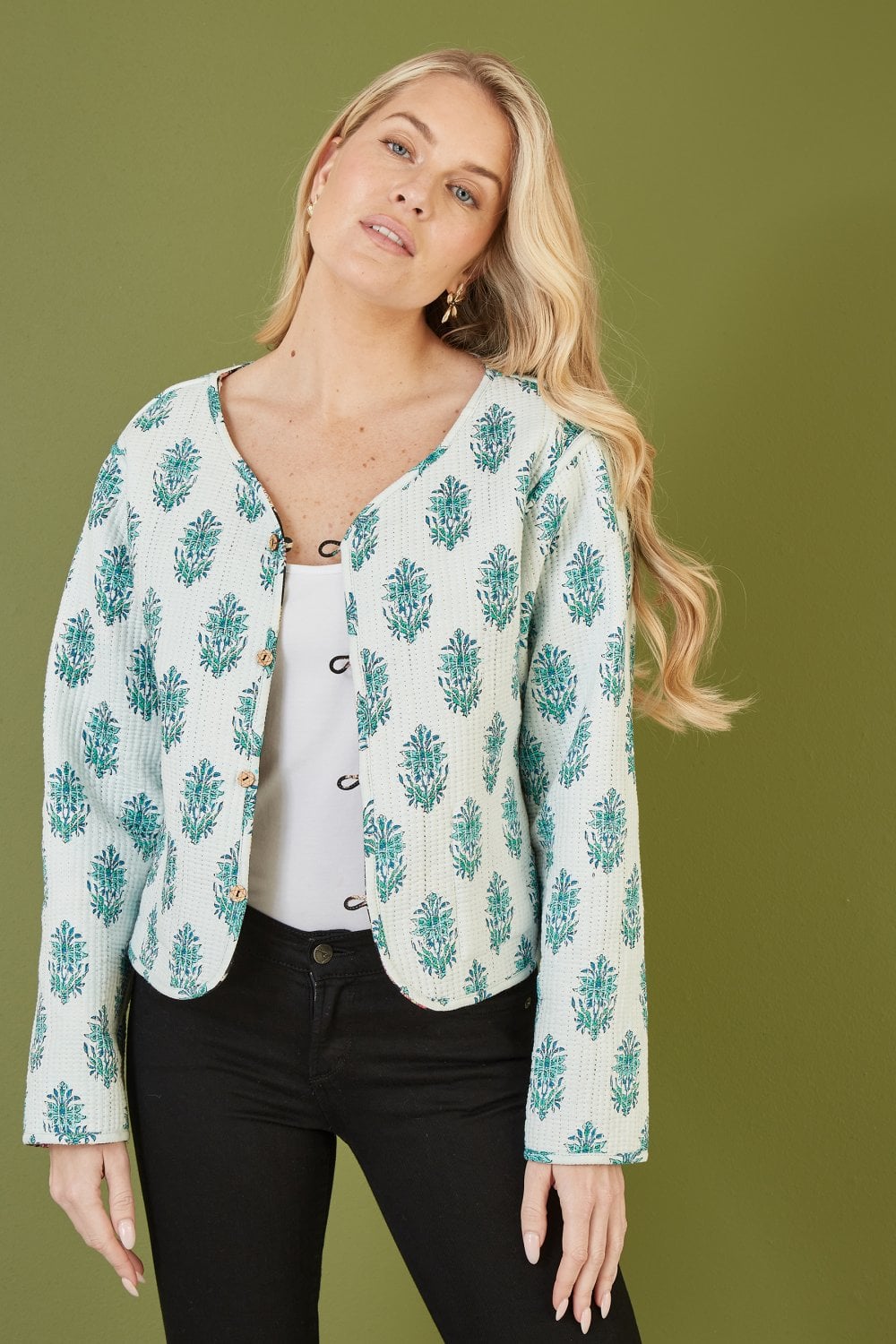 Black Floral Print Reversible Cotton Cropped Quilted Jacket