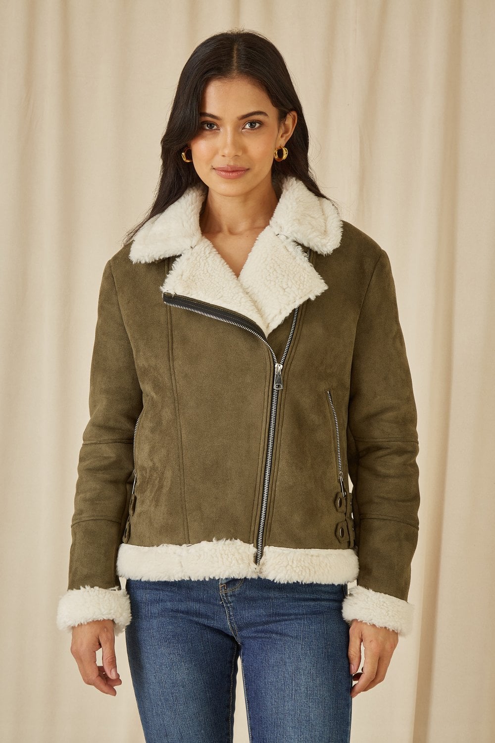Green Faux Suede and Shearling Biker Jacket