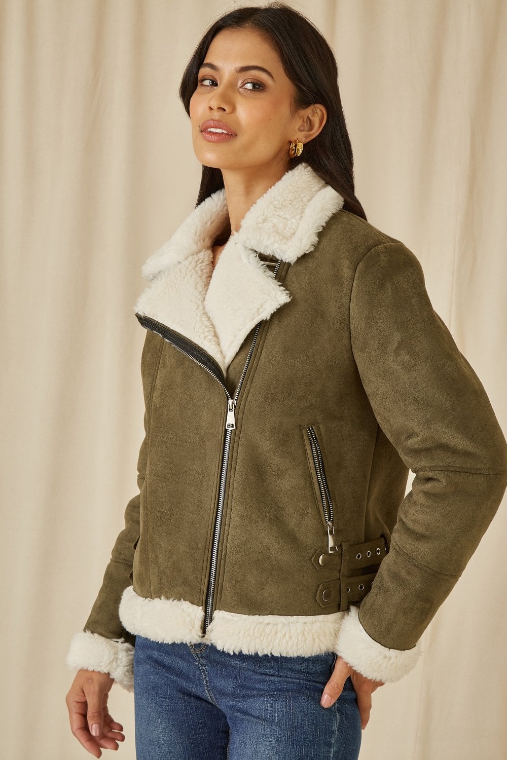 Green Faux Suede and Shearling Biker Jacket