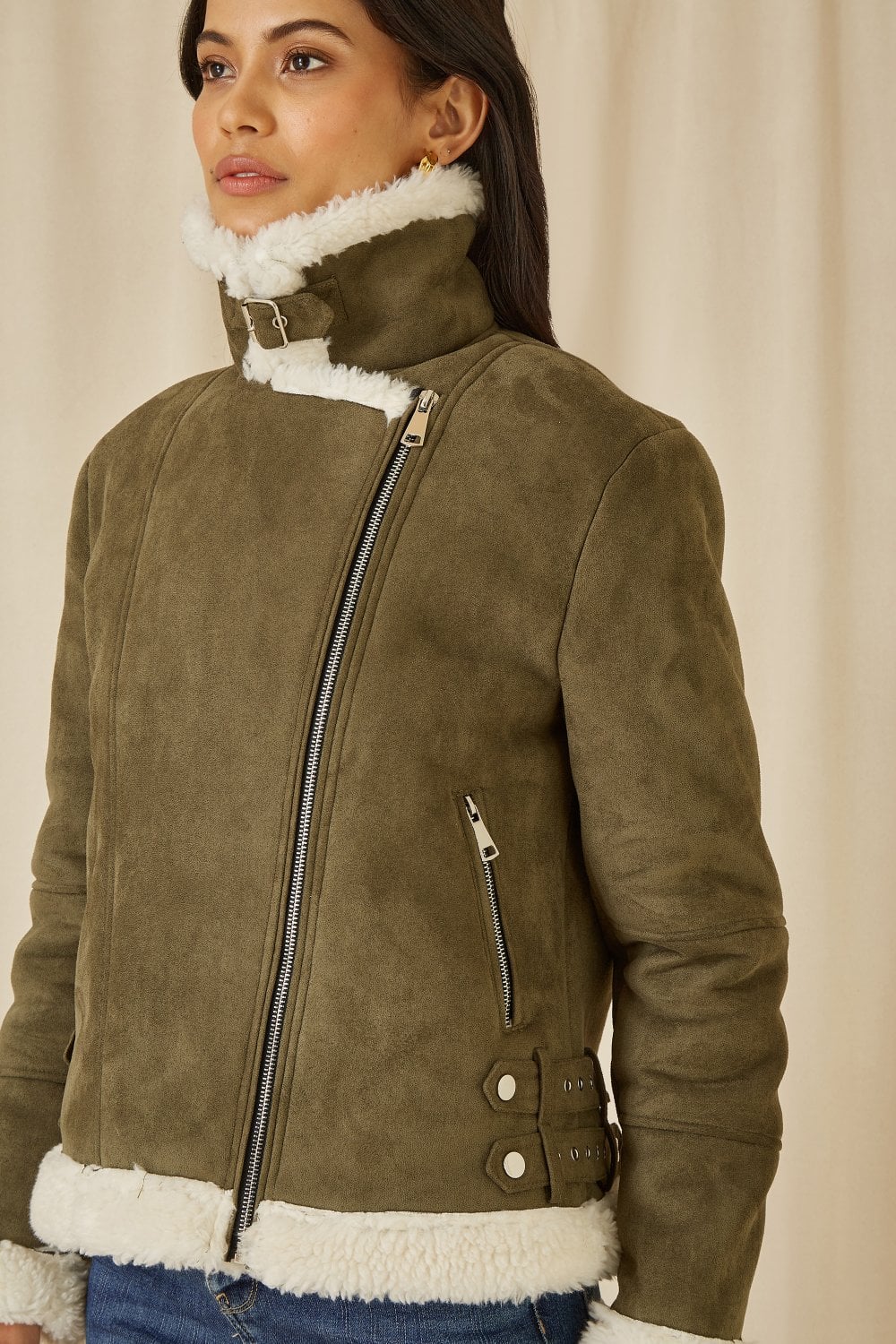Green Faux Suede and Shearling Biker Jacket