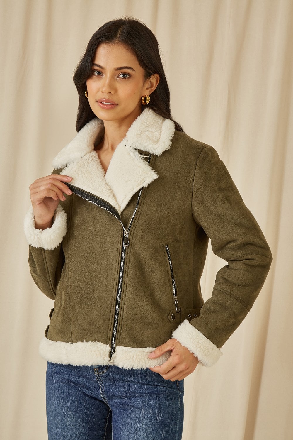 Green Faux Suede and Shearling Biker Jacket