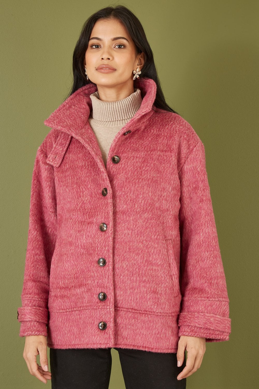Pink Oversize Button Up Jacket With High Collar