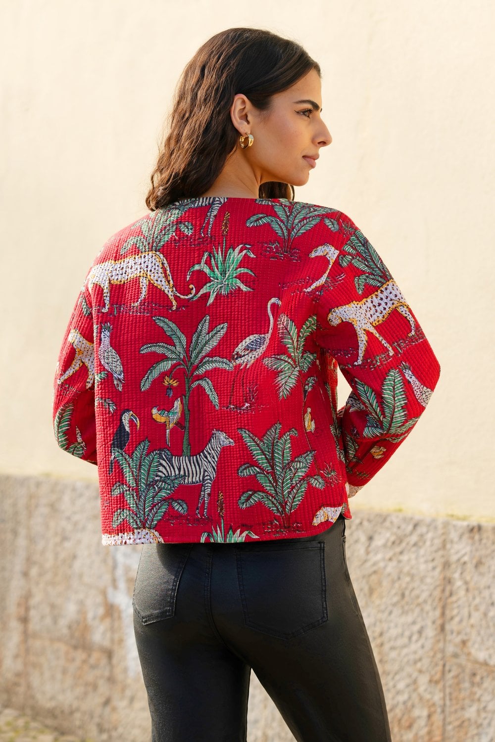 Red Animal Print Reversible Cotton Cropped Quilted Jacket