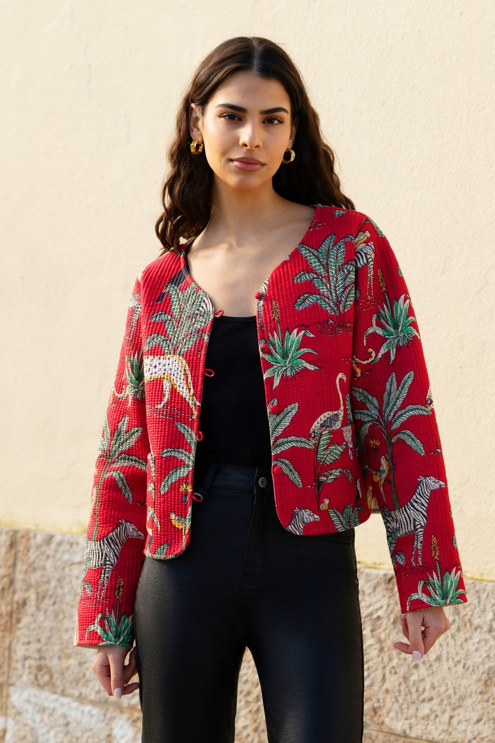 Red Animal Print Reversible Cotton Cropped Quilted Jacket