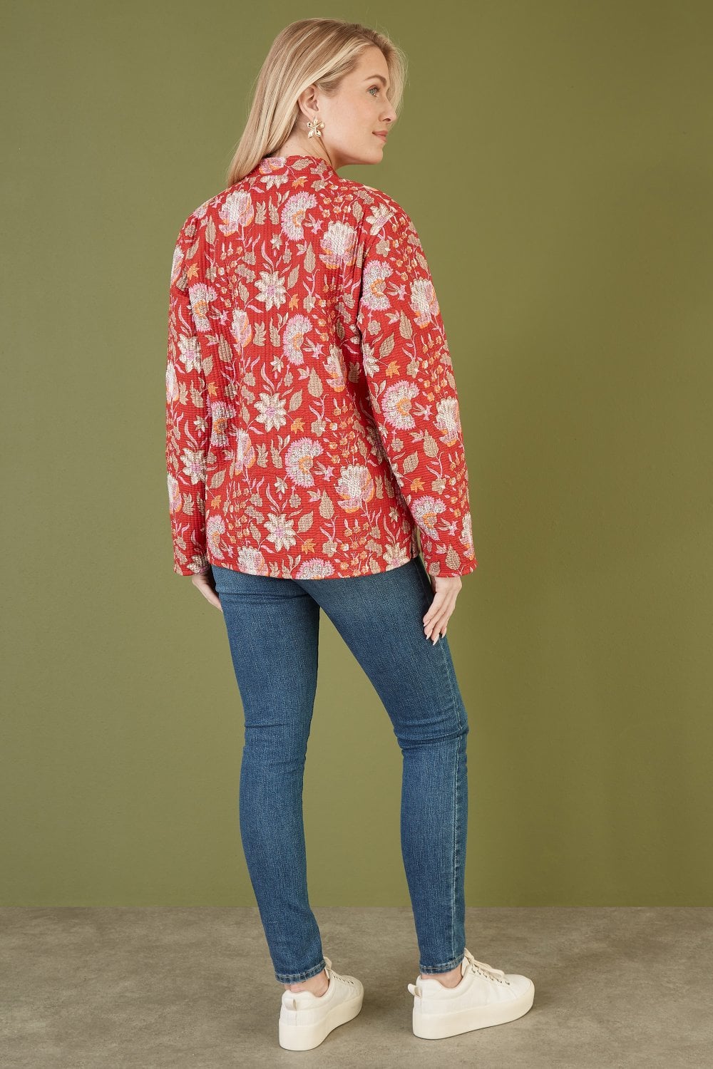 Red Floral Print Reversible Cotton Quilted Jacket